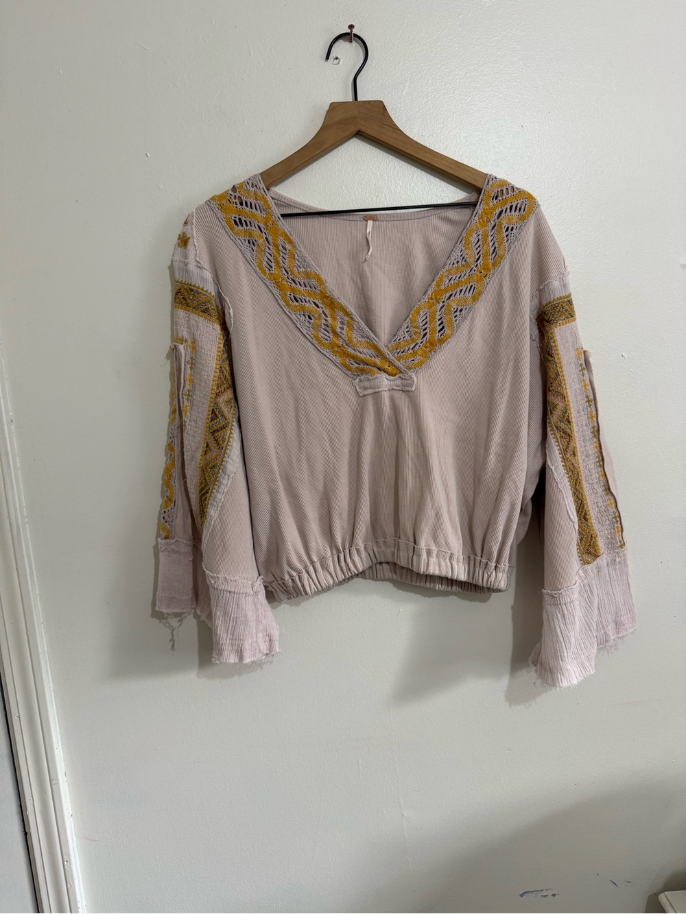 Free People Blush Embroidered V-Neck Pullover with Mustard Trim